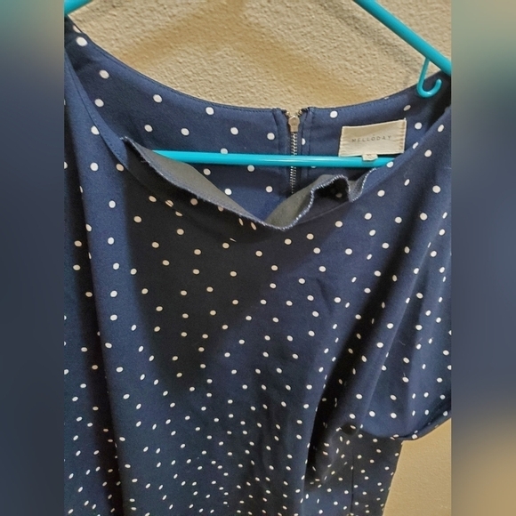 Navy Blue White Pokadot Dressy Zip Up Shirt - Picture 6 of 16